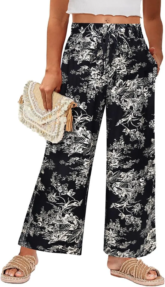 RITERA Womens Plus Size Elastic Waist Wide Leg Pants with Pockets Casual Loose High Waist Pleated Lounge Palazzo Trousers
