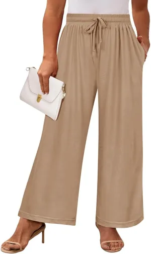 RITERA Womens Plus Size Elastic Waist Wide Leg Pants with Pockets Casual Loose High Waist Pleated Lounge Palazzo Trousers