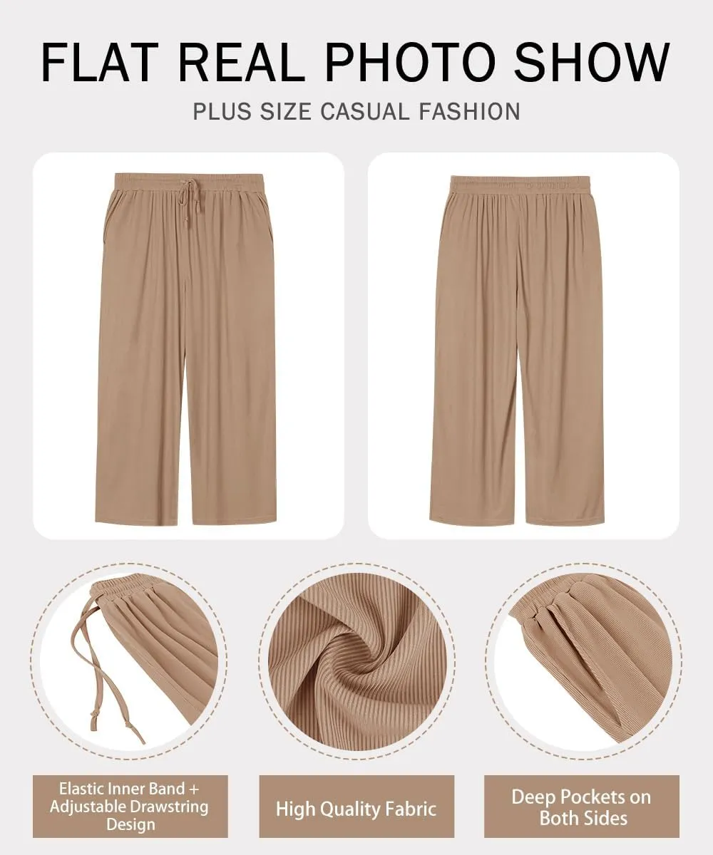 RITERA Womens Plus Size Elastic Waist Wide Leg Pants with Pockets Casual Loose High Waist Pleated Lounge Palazzo Trousers