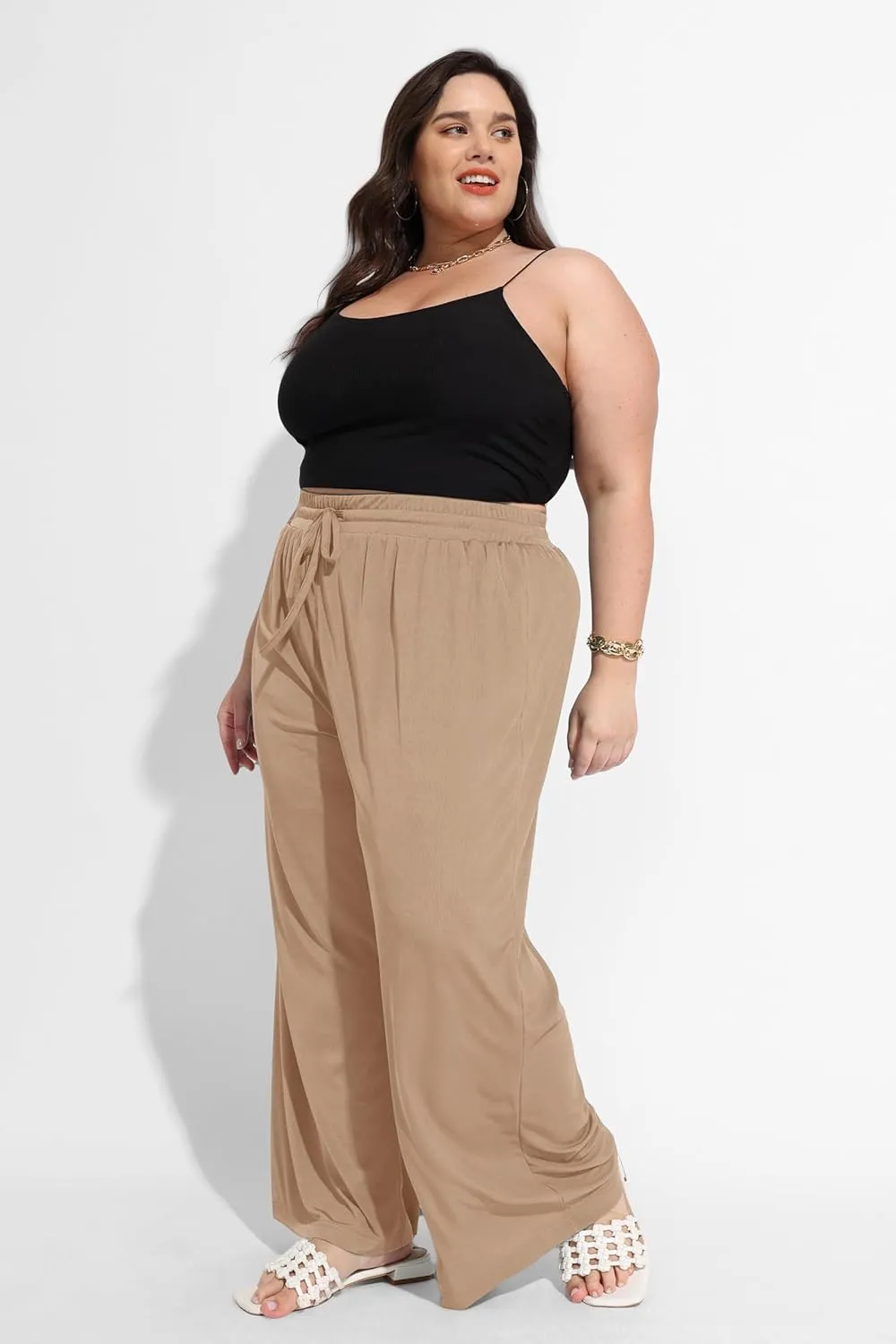 RITERA Womens Plus Size Elastic Waist Wide Leg Pants with Pockets Casual Loose High Waist Pleated Lounge Palazzo Trousers