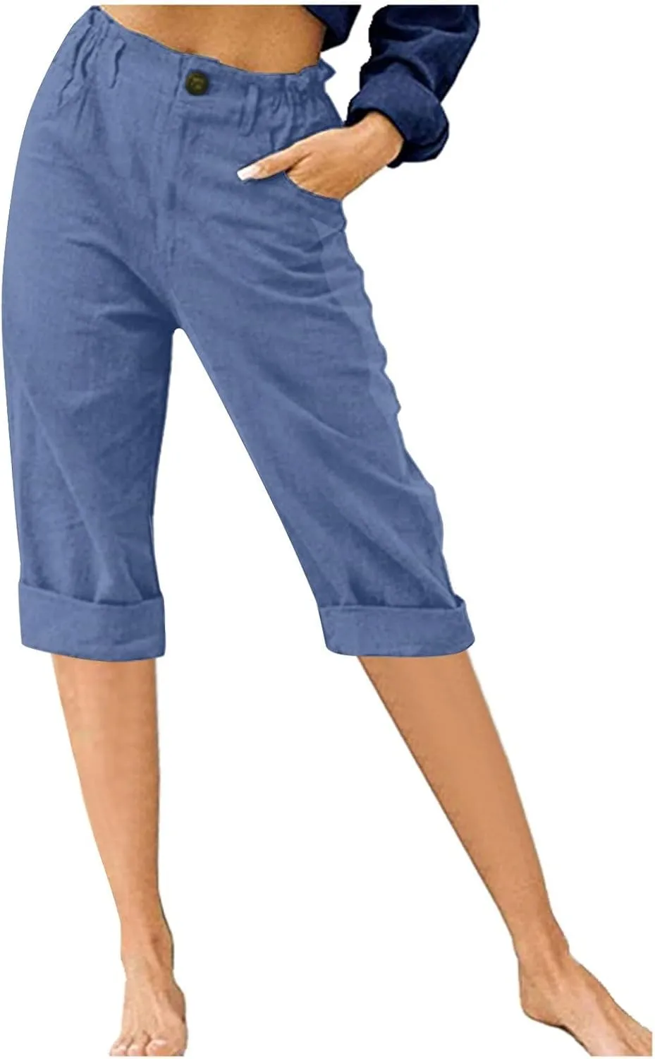 RKSTN Linen Pants Women Summer 2025 Capris for Work Casual Cropped Trousers Solid Plain High Waist Straight Pant with Pockets