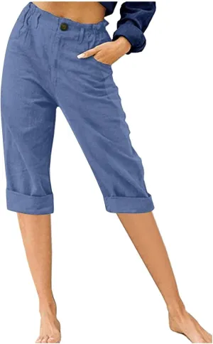 RKSTN Linen Pants Women Summer 2025 Capris for Work Casual Cropped Trousers Solid Plain High Waist Straight Pant with Pockets