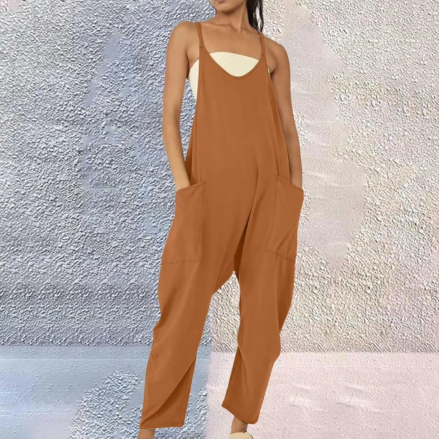 Rompers for Women Casual Summer Jumpsuits Oversized Sleeveless Loose Spaghetti Strap Harem Pants Overalls with Pocket