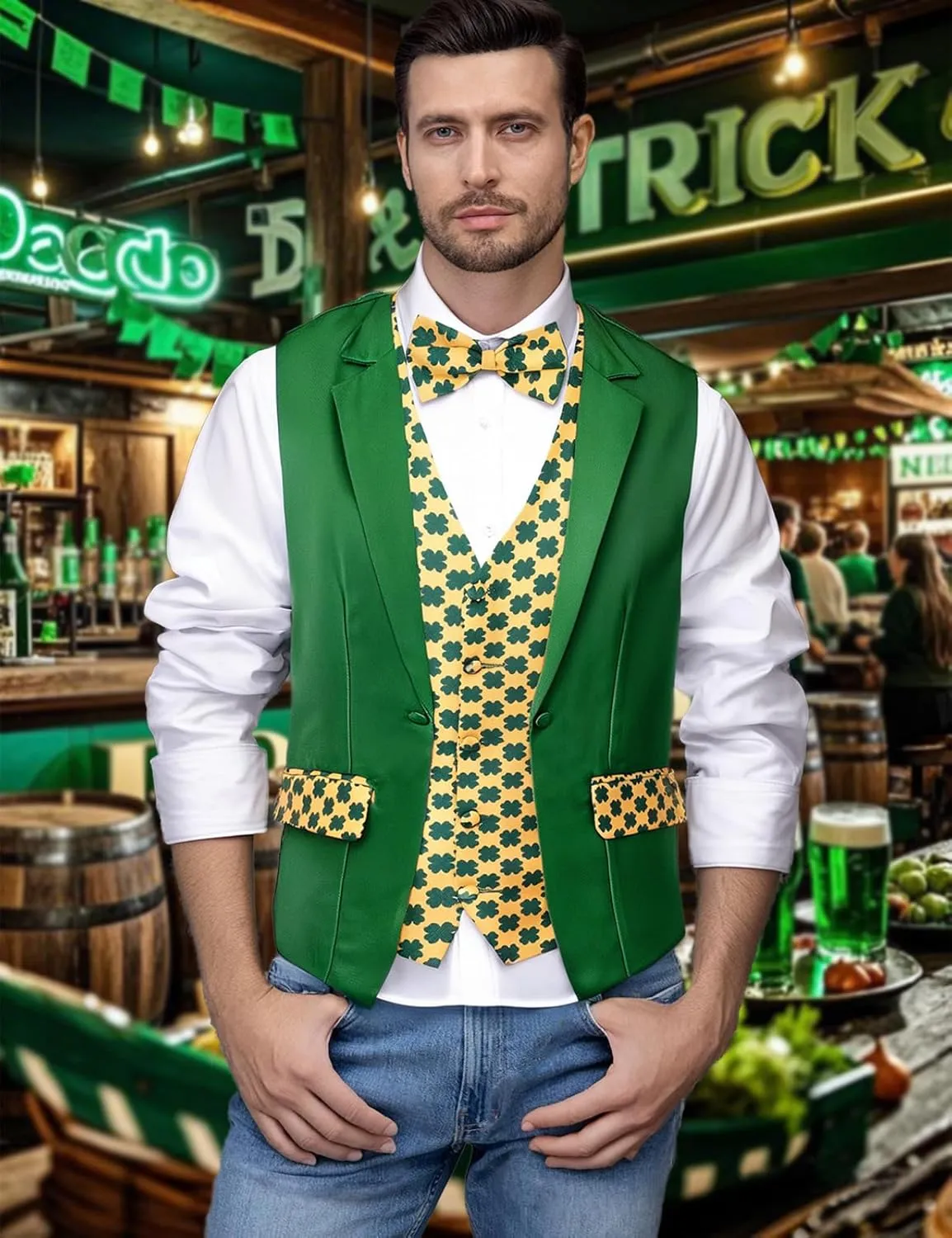 Roseelf Men's Festival Fake 2-Piece Suit Vest with Bowtie