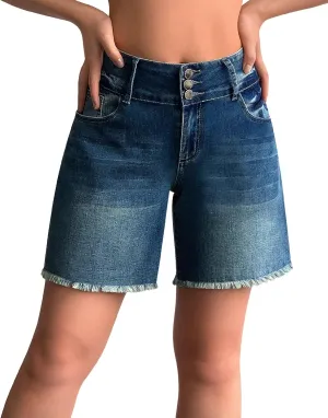 roswear Women's Stretchy Wide Leg High Waisted Frayed Hem Long Jean Shorts