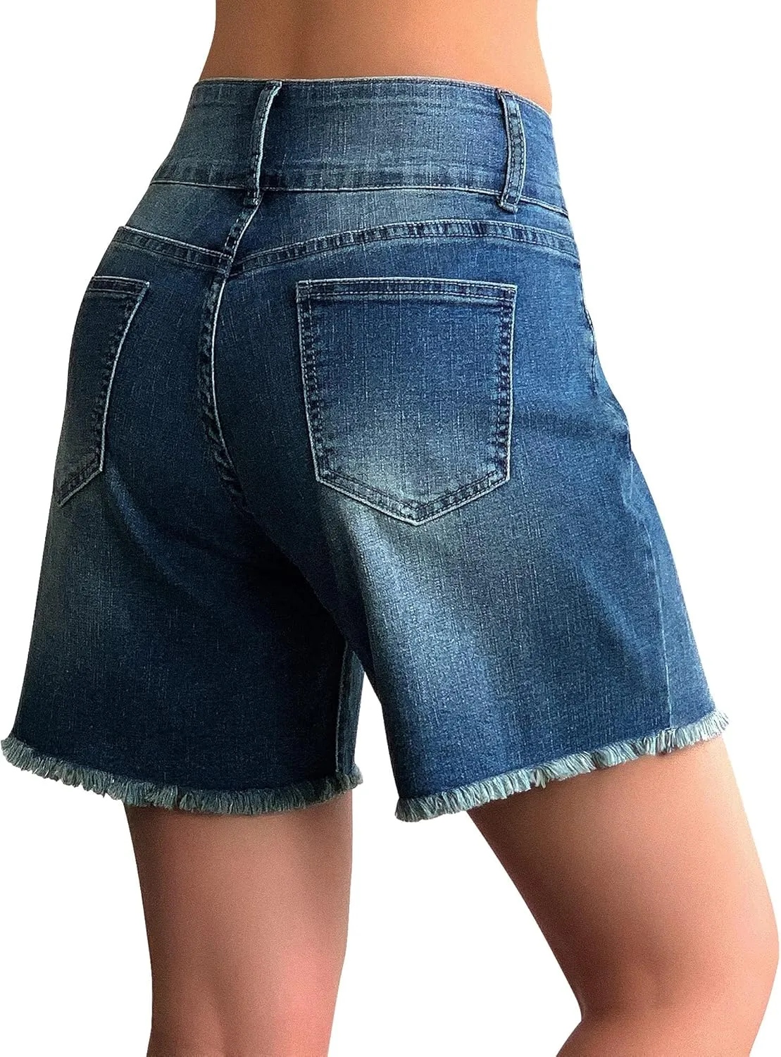 roswear Women's Stretchy Wide Leg High Waisted Frayed Hem Long Jean Shorts