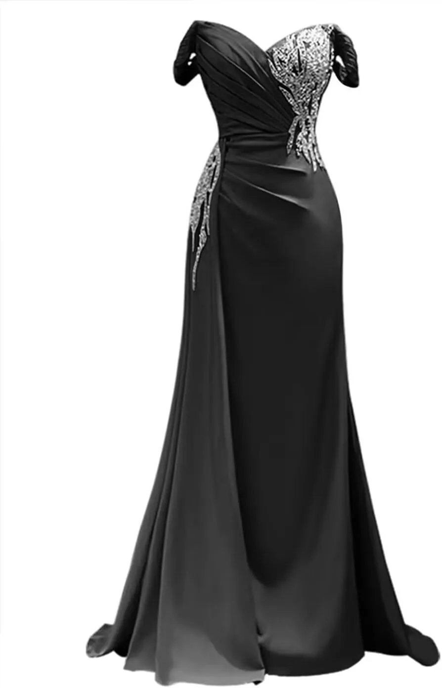 RYANTH Women's Satin Prom Dresses 2025 Beaded Mermaid Formal Dresses Ruched Evening Dress with Train RHH044