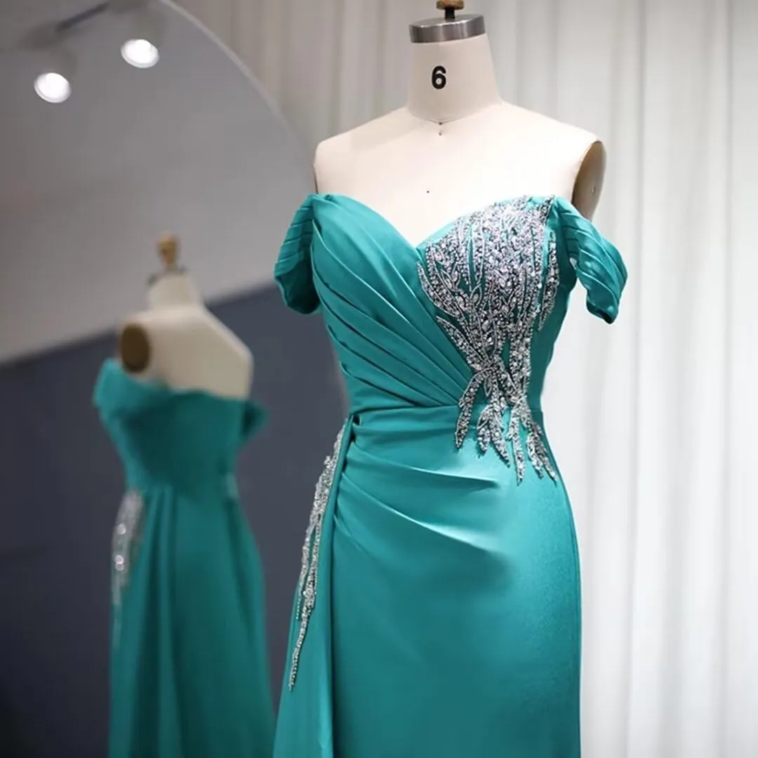 RYANTH Women's Satin Prom Dresses 2025 Beaded Mermaid Formal Dresses Ruched Evening Dress with Train RHH044