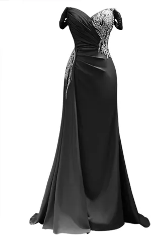 RYANTH Women's Satin Prom Dresses 2025 Beaded Mermaid Formal Dresses Ruched Evening Dress with Train RHH044