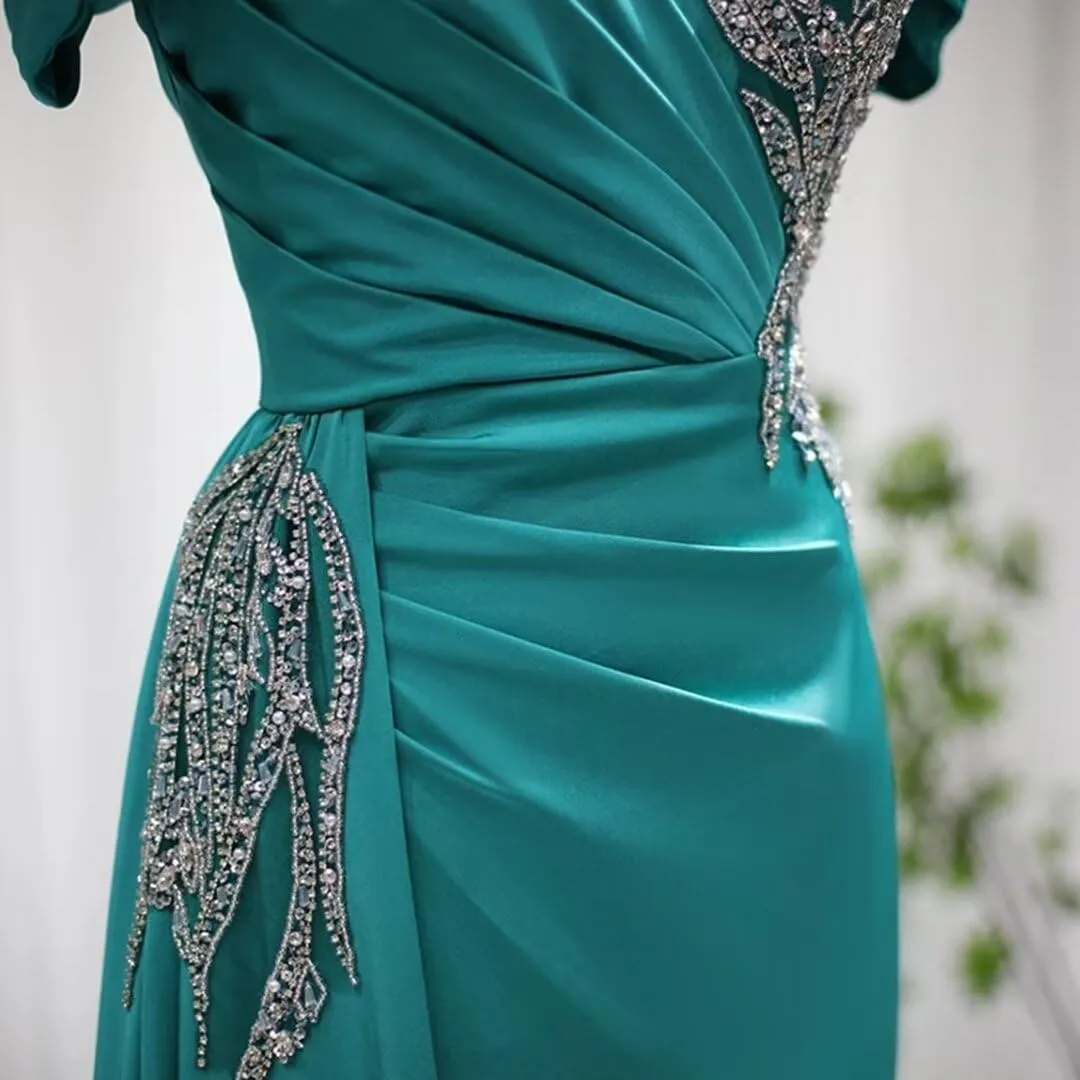 RYANTH Women's Satin Prom Dresses 2025 Beaded Mermaid Formal Dresses Ruched Evening Dress with Train RHH044
