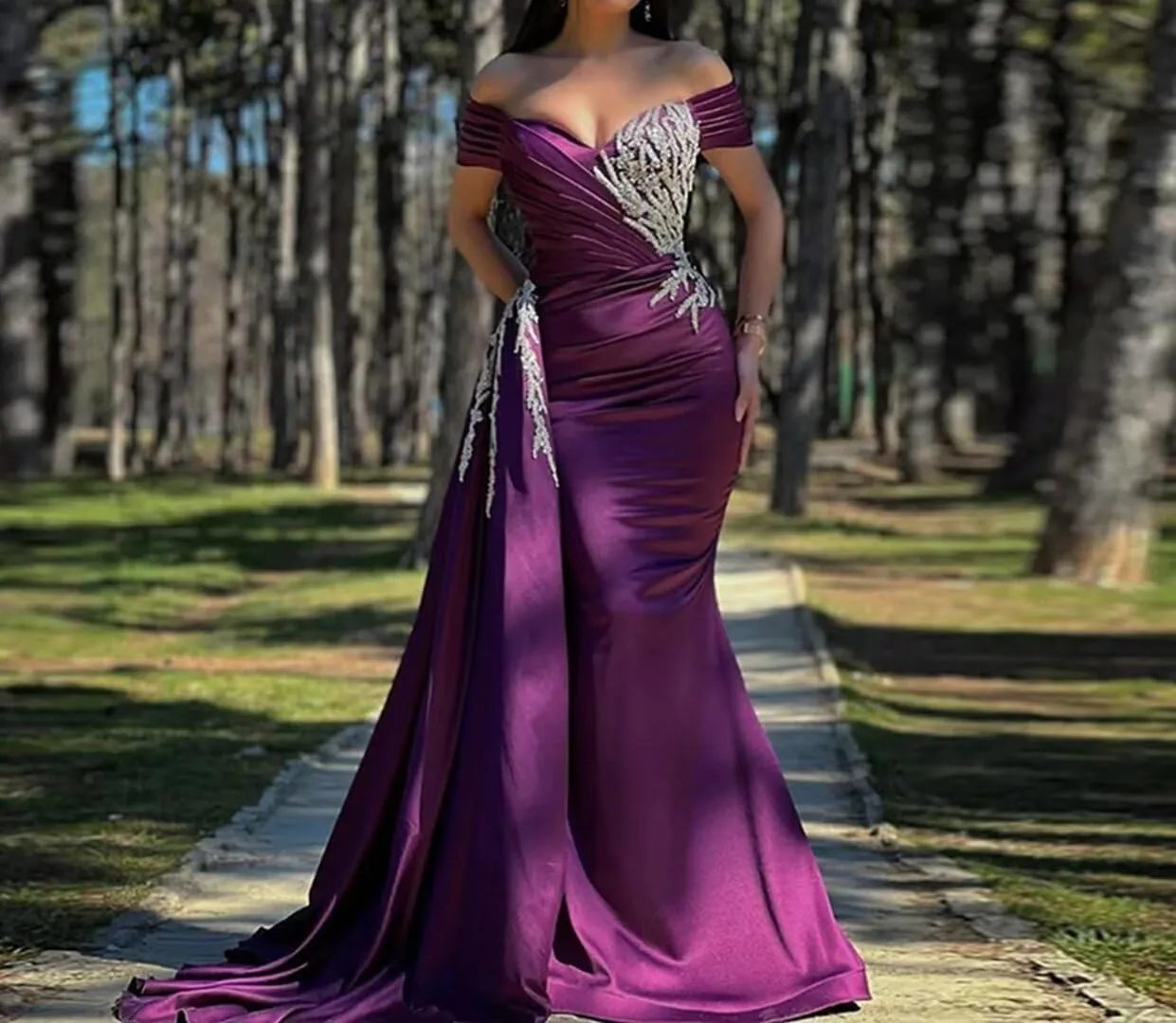 RYANTH Women's Satin Prom Dresses 2025 Beaded Mermaid Formal Dresses Ruched Evening Dress with Train RHH044