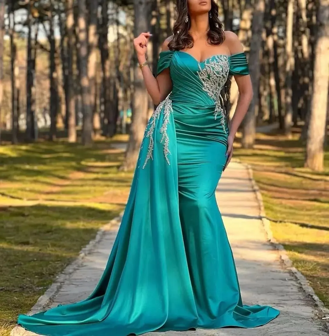 RYANTH Women's Satin Prom Dresses 2025 Beaded Mermaid Formal Dresses Ruched Evening Dress with Train RHH044