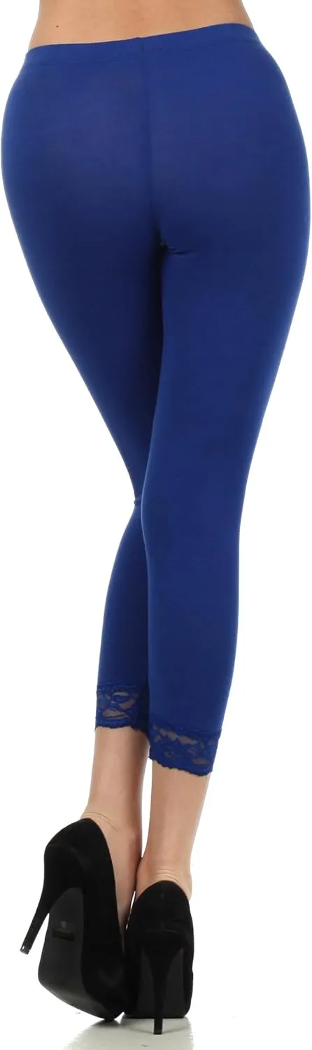 Sakkas Cotton Blend Lace Trim Stretch Capri Leggings - Made in USA