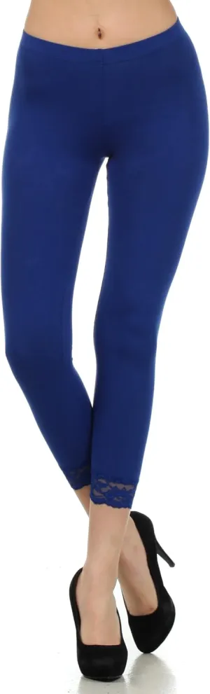 Sakkas Cotton Blend Lace Trim Stretch Capri Leggings - Made in USA