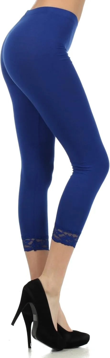 Sakkas Cotton Blend Lace Trim Stretch Capri Leggings - Made in USA