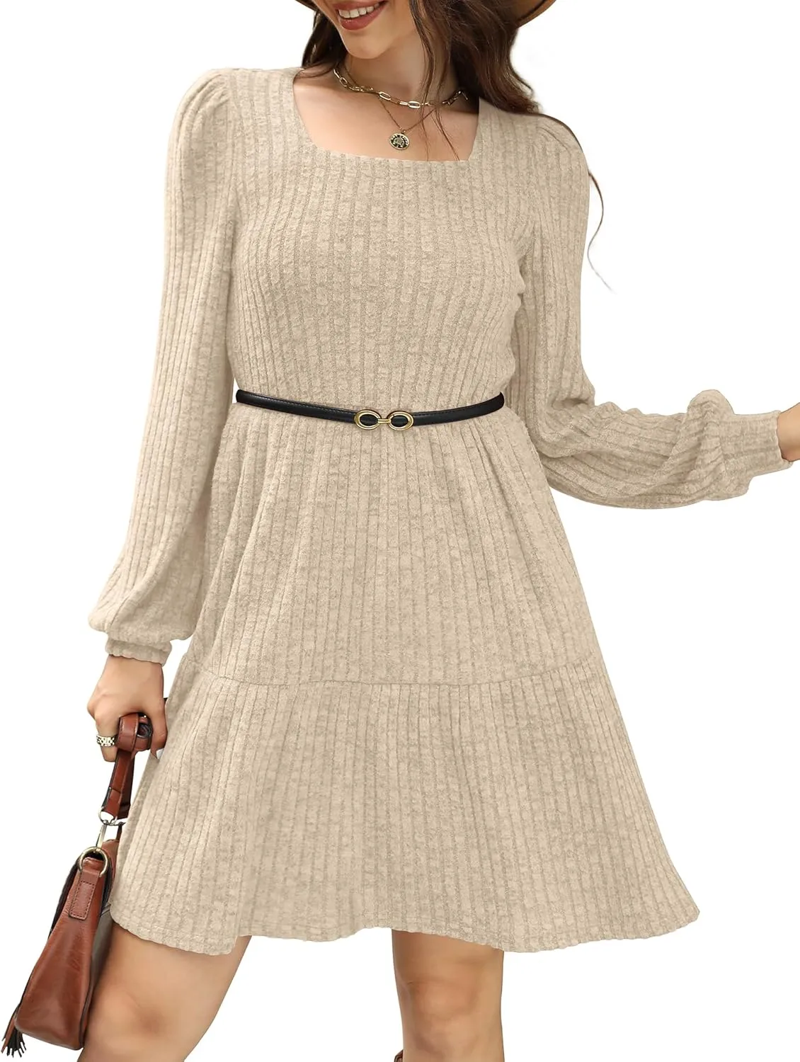 SAMPEEL Womens Square Neck Long Sleeve Fall Dresses Casual Babydoll Sweater Dress
