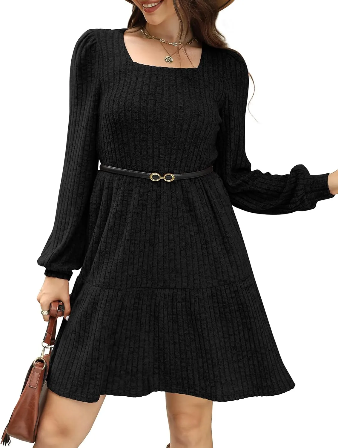 SAMPEEL Womens Square Neck Long Sleeve Fall Dresses Casual Babydoll Sweater Dress