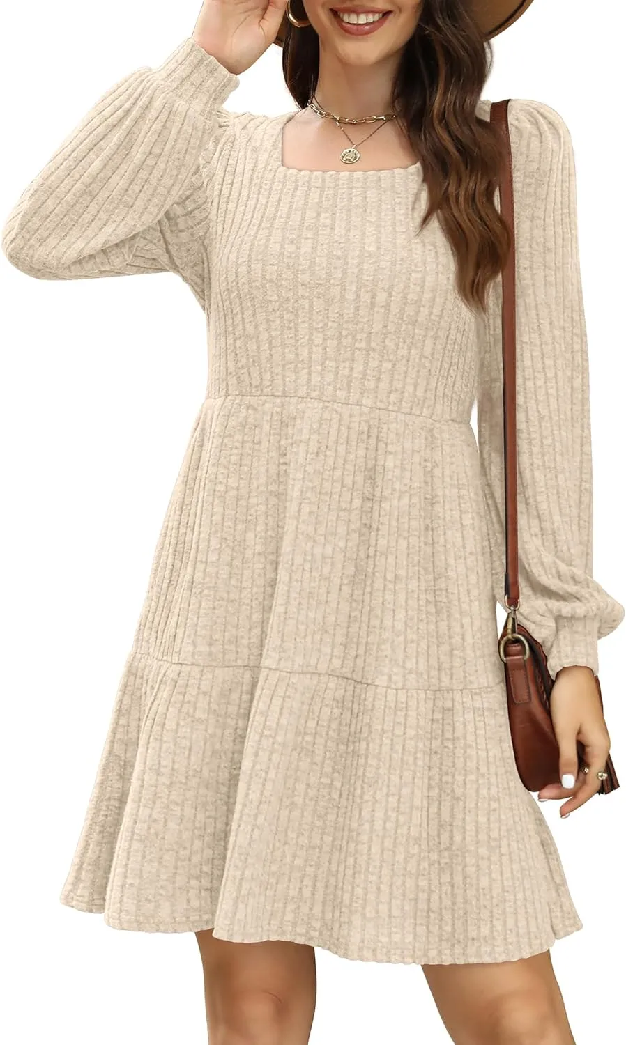 SAMPEEL Womens Square Neck Long Sleeve Fall Dresses Casual Babydoll Sweater Dress
