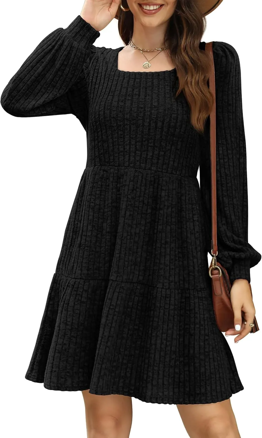 SAMPEEL Womens Square Neck Long Sleeve Fall Dresses Casual Babydoll Sweater Dress