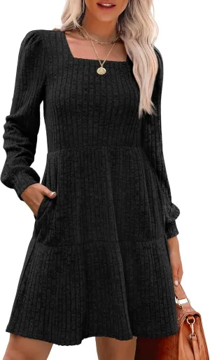 SAMPEEL Womens Square Neck Long Sleeve Fall Dresses Casual Babydoll Sweater Dress