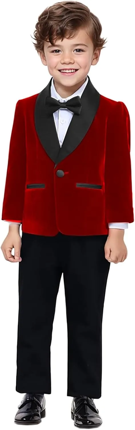 SANGTREE Boys Shawl Tuxedo Suit Velvet Set Gentleman Wedding Outfit, 3 Months - 14 Years