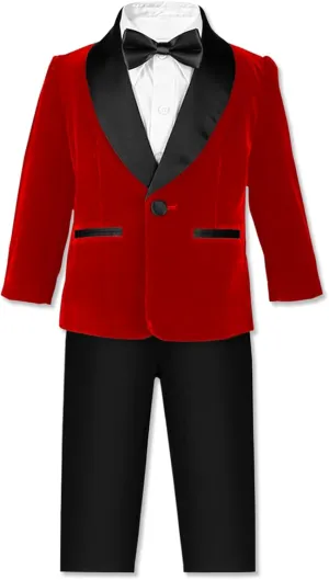 SANGTREE Boys Shawl Tuxedo Suit Velvet Set Gentleman Wedding Outfit, 3 Months - 14 Years