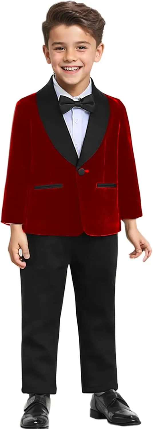 SANGTREE Boys Shawl Tuxedo Suit Velvet Set Gentleman Wedding Outfit, 3 Months - 14 Years