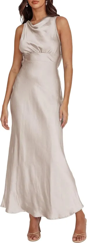 Satin Cowl Neck Sleeveless Backless Elegant Wedding Guest Maxi Dresses for Women Silk Open Tie Back Formal Cocktail Dresses