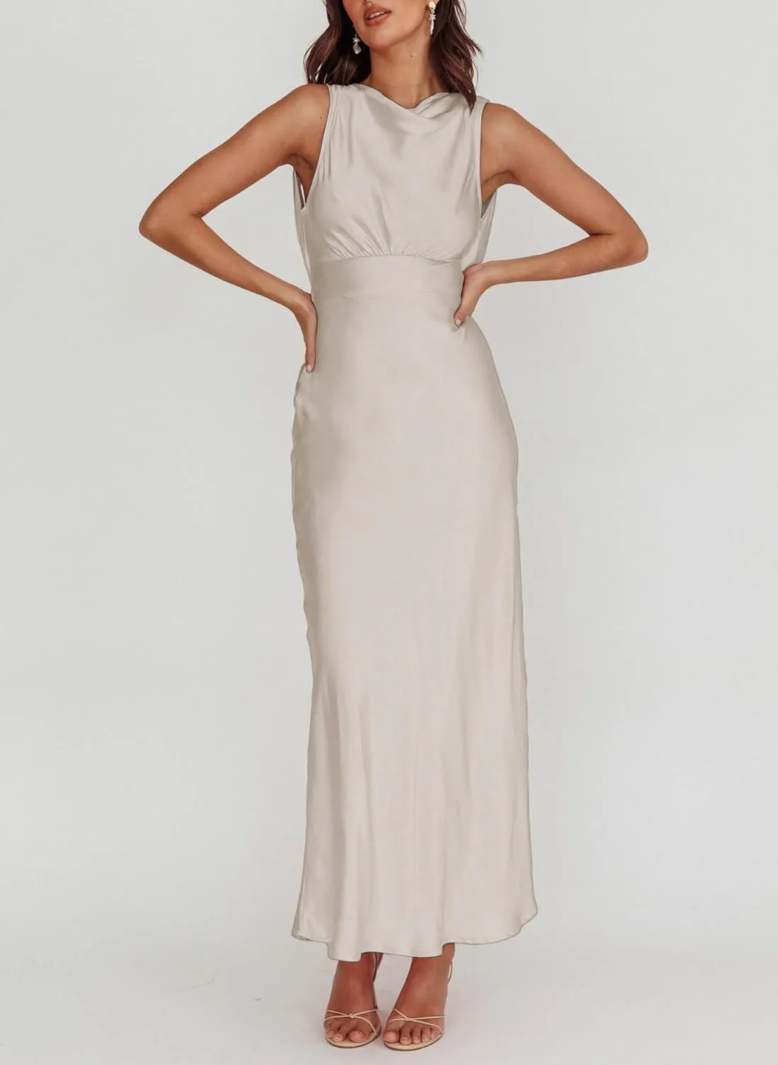 Satin Cowl Neck Sleeveless Backless Elegant Wedding Guest Maxi Dresses for Women Silk Open Tie Back Formal Cocktail Dresses