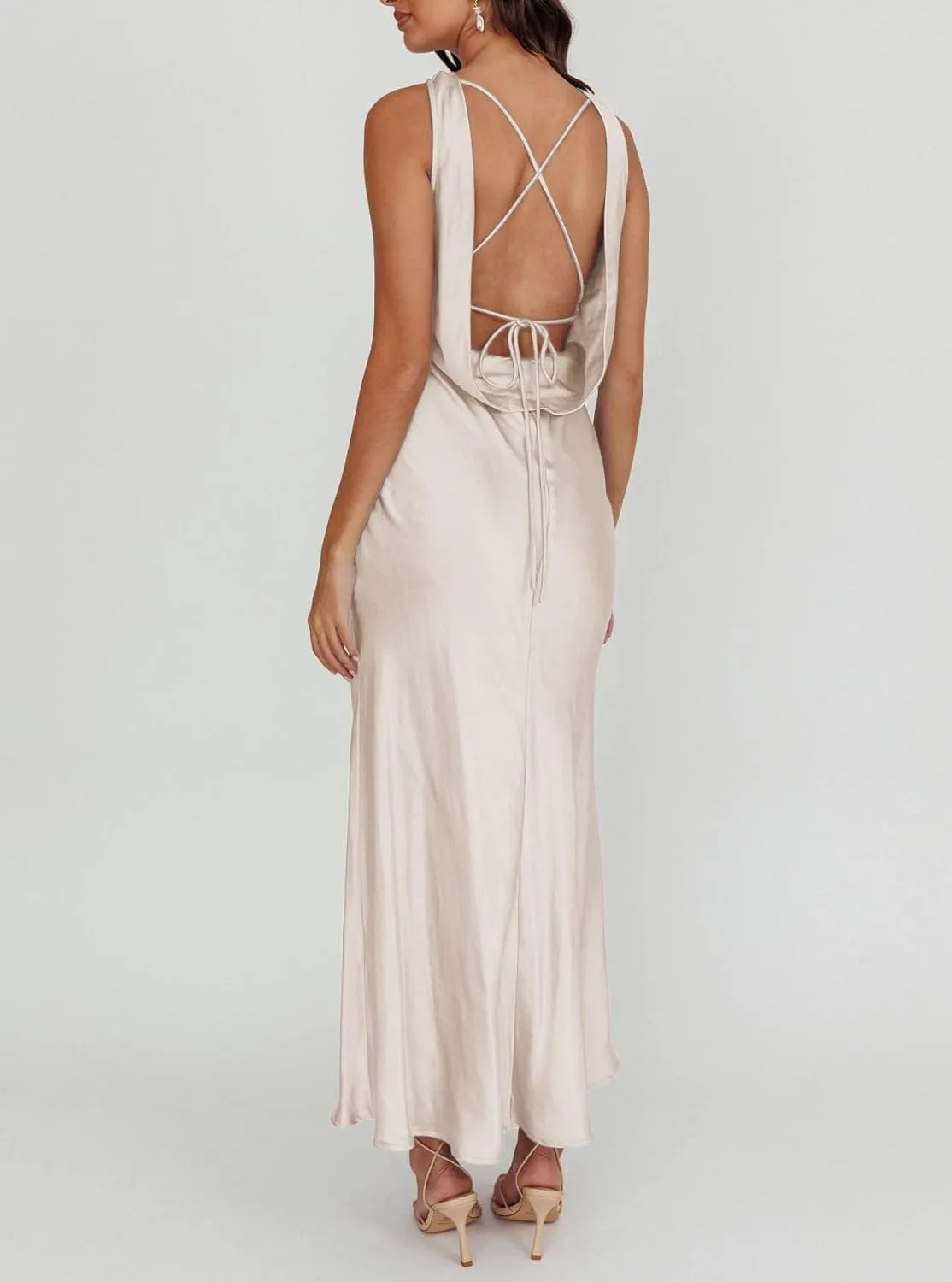 Satin Cowl Neck Sleeveless Backless Elegant Wedding Guest Maxi Dresses for Women Silk Open Tie Back Formal Cocktail Dresses