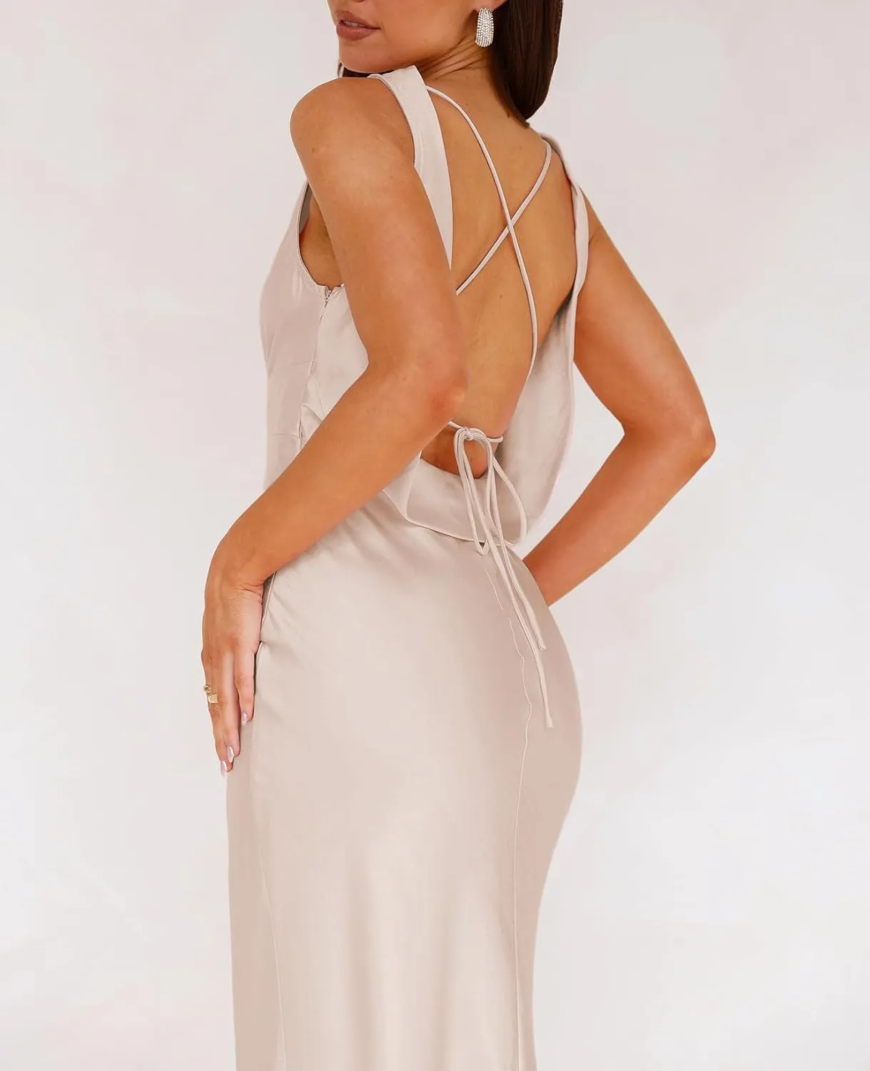 Satin Cowl Neck Sleeveless Backless Elegant Wedding Guest Maxi Dresses for Women Silk Open Tie Back Formal Cocktail Dresses