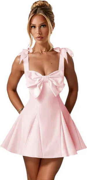 Satin Mini Homecoming Dresses for Teens with Bow A-line Pleated Formal Party Dress AD029