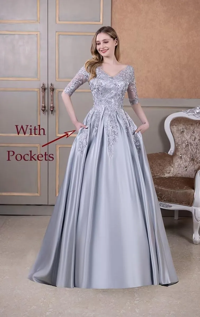 Satin Mother of Bride Dress for Women Formal Party Evening Gown V Neck Laces Mother of Groom Dresses with Pockets