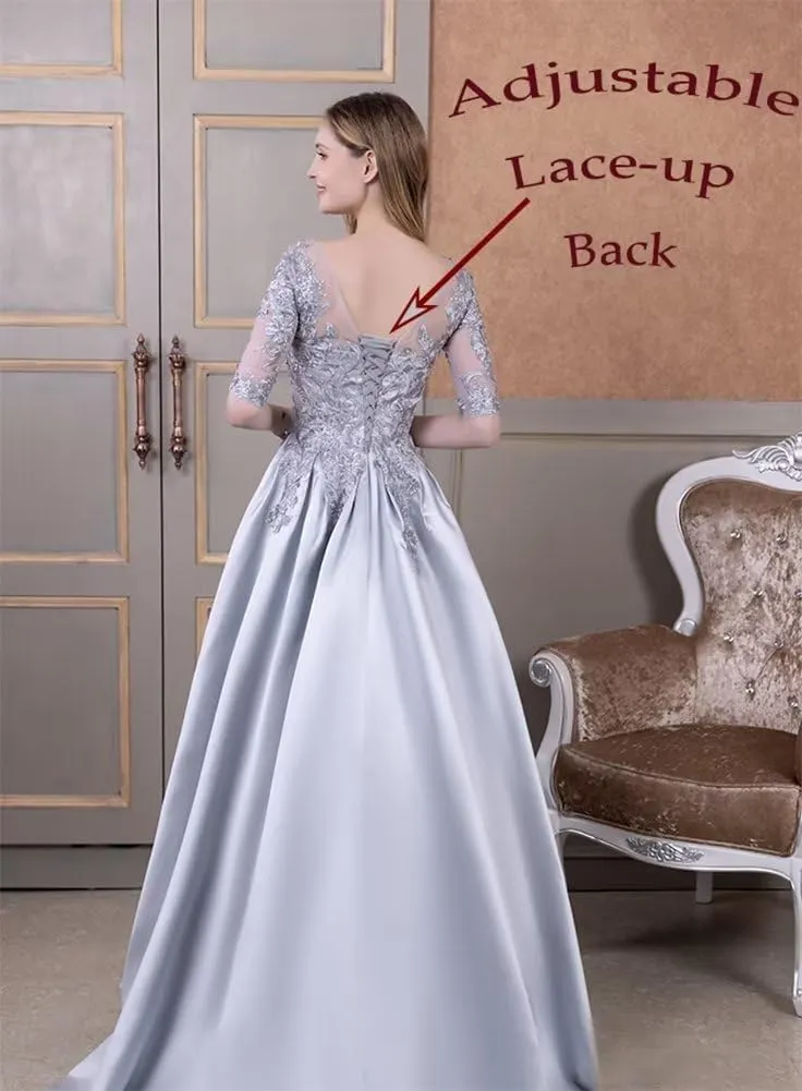 Satin Mother of Bride Dress for Women Formal Party Evening Gown V Neck Laces Mother of Groom Dresses with Pockets