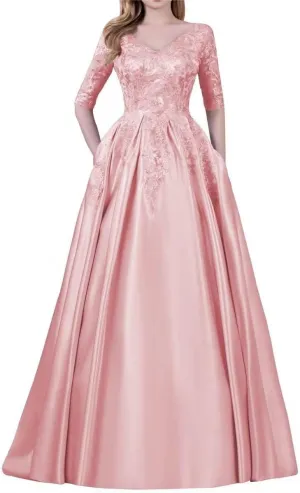 Satin Mother of Bride Dress for Women Formal Party Evening Gown V Neck Laces Mother of Groom Dresses with Pockets