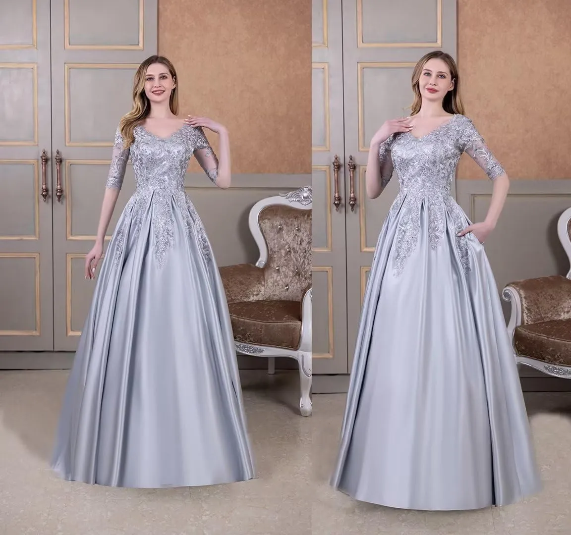 Satin Mother of Bride Dress for Women Formal Party Evening Gown V Neck Laces Mother of Groom Dresses with Pockets