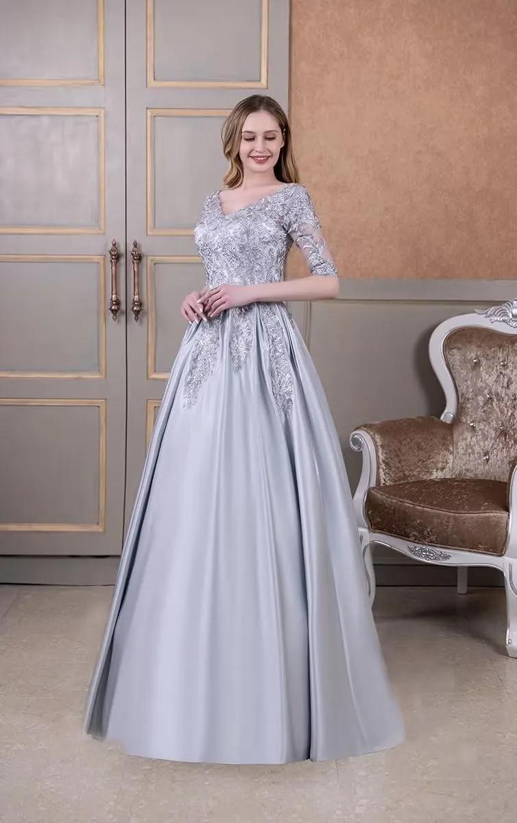 Satin Mother of Bride Dress for Women Formal Party Evening Gown V Neck Laces Mother of Groom Dresses with Pockets