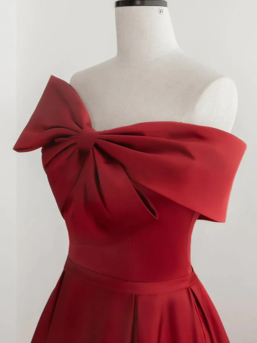 Satin Prom Dresses Bowknot Satin Ball Gowns for Women Elegant A Line Wedding Dress Evening Gown with Pockets