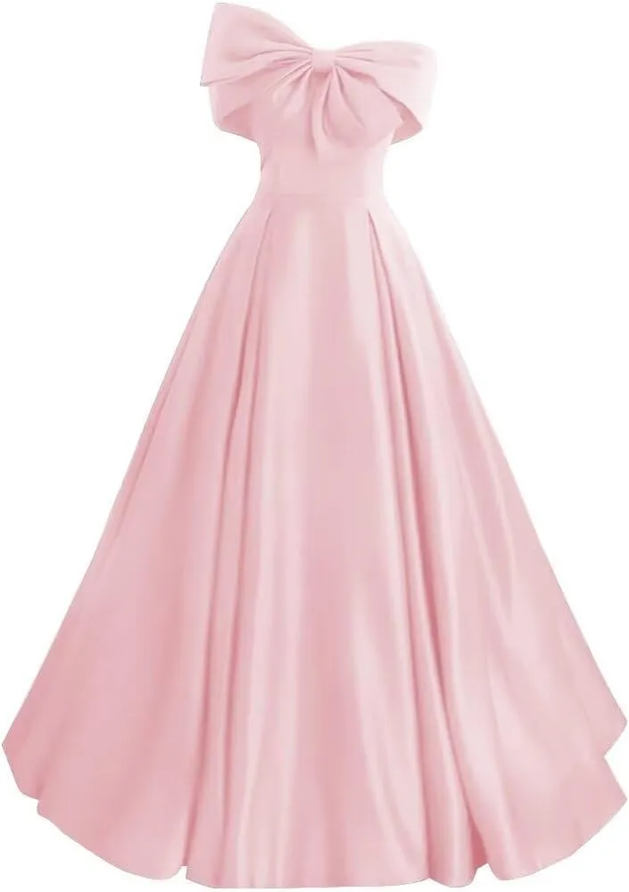 Satin Prom Dresses Bowknot Satin Ball Gowns for Women Elegant A Line Wedding Dress Evening Gown with Pockets