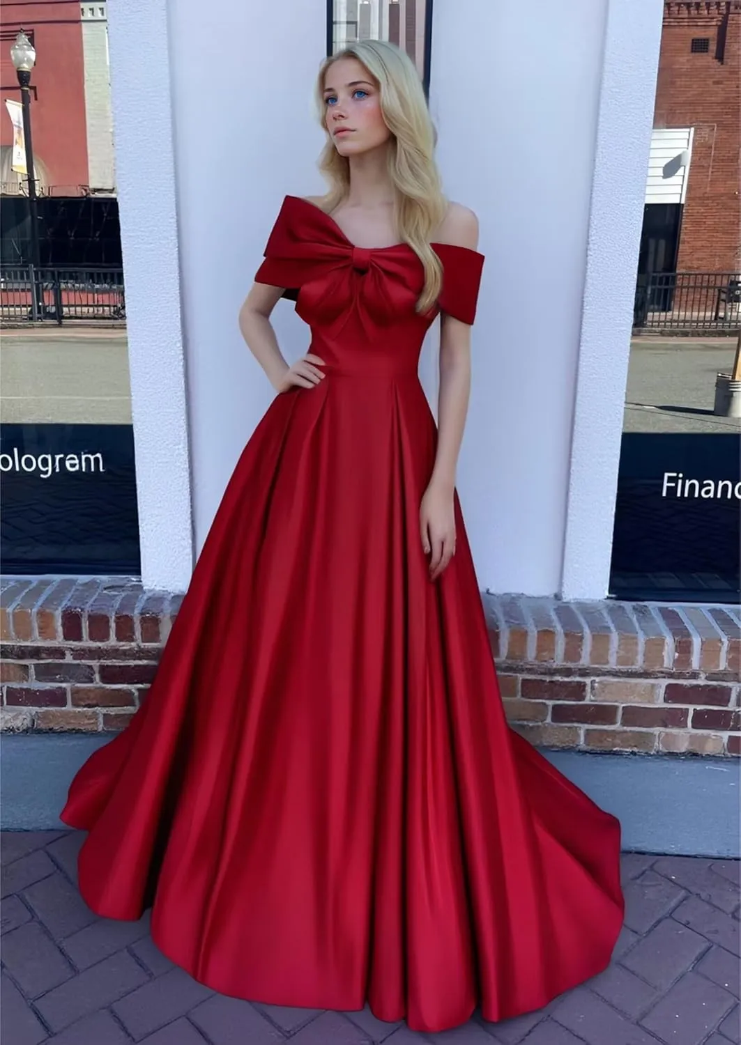 Satin Prom Dresses Bowknot Satin Ball Gowns for Women Elegant A Line Wedding Dress Evening Gown with Pockets