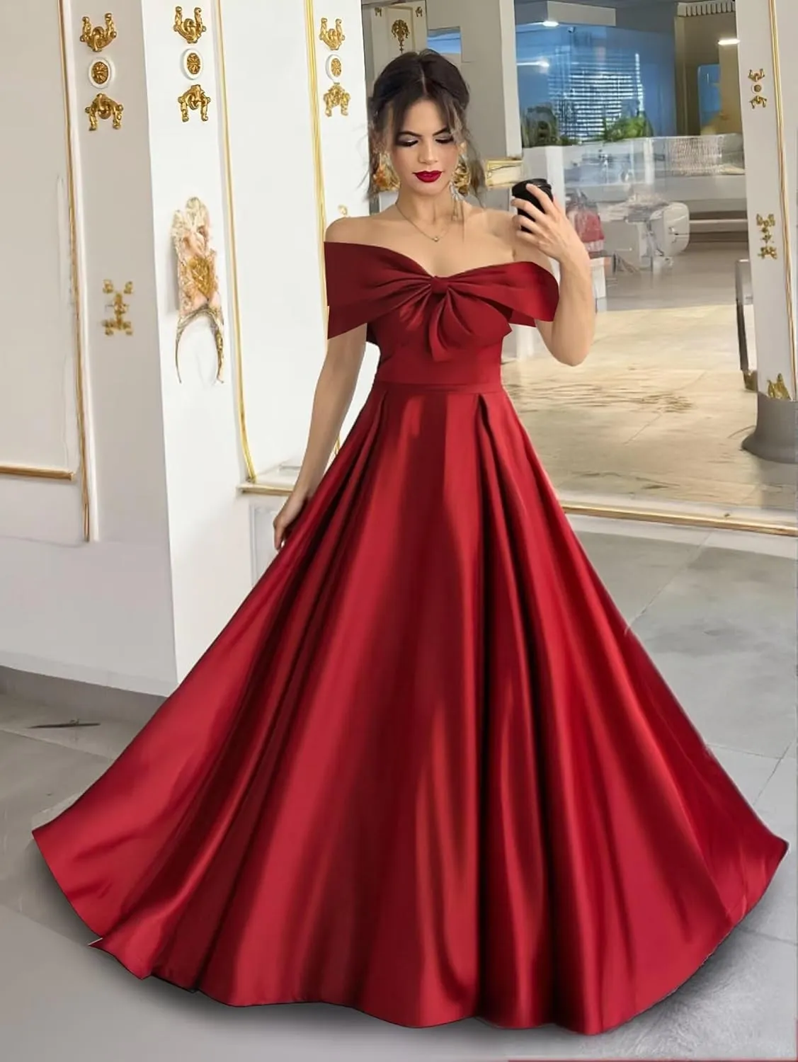 Satin Prom Dresses Bowknot Satin Ball Gowns for Women Elegant A Line Wedding Dress Evening Gown with Pockets
