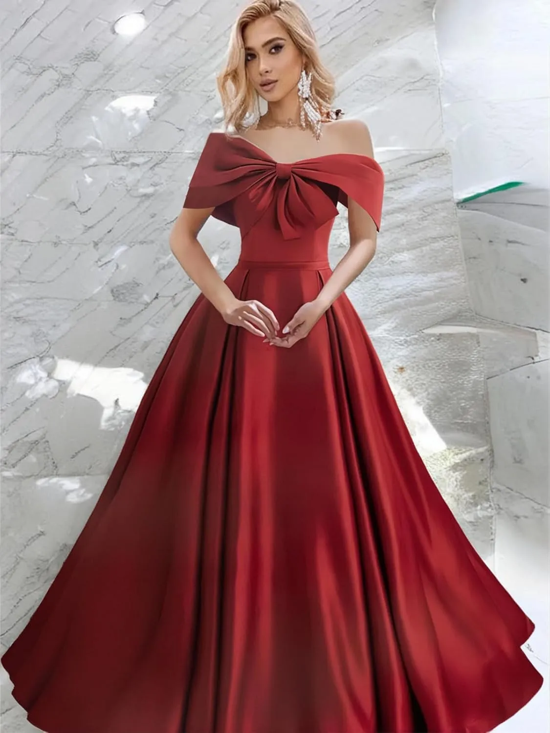 Satin Prom Dresses Bowknot Satin Ball Gowns for Women Elegant A Line Wedding Dress Evening Gown with Pockets