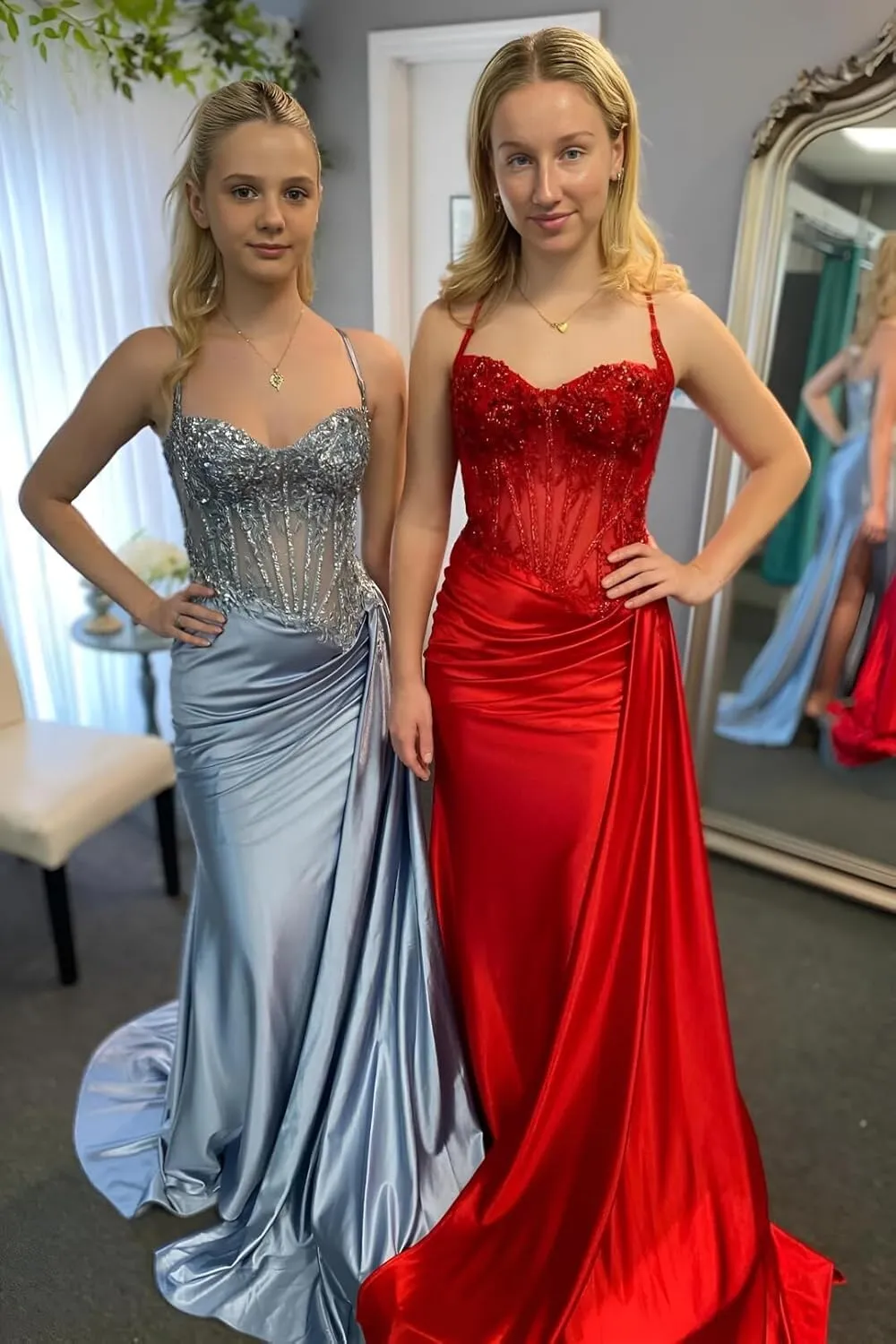Satin Prom Dresses Spaghetti Strap Ball Dresses Mermaid Sparkly Beaded Appliques Ruched Formal Evening Gown with Train PD908