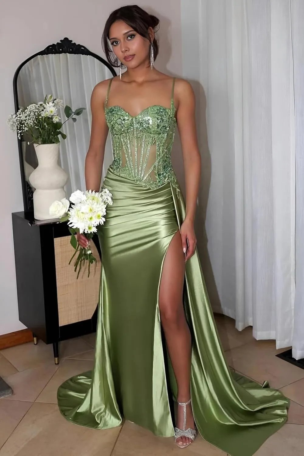 Satin Prom Dresses Spaghetti Strap Ball Dresses Mermaid Sparkly Beaded Appliques Ruched Formal Evening Gown with Train PD908
