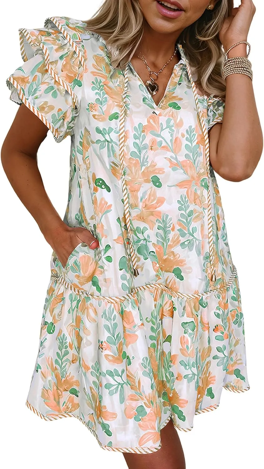 SELINK Womens Summer Dresses Casual Floral Ruffle Short Sleeve V Neck Drawstring Flowy Mini Dress Sundress