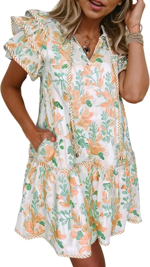 SELINK Womens Summer Dresses Casual Floral Ruffle Short Sleeve V Neck Drawstring Flowy Mini Dress Sundress