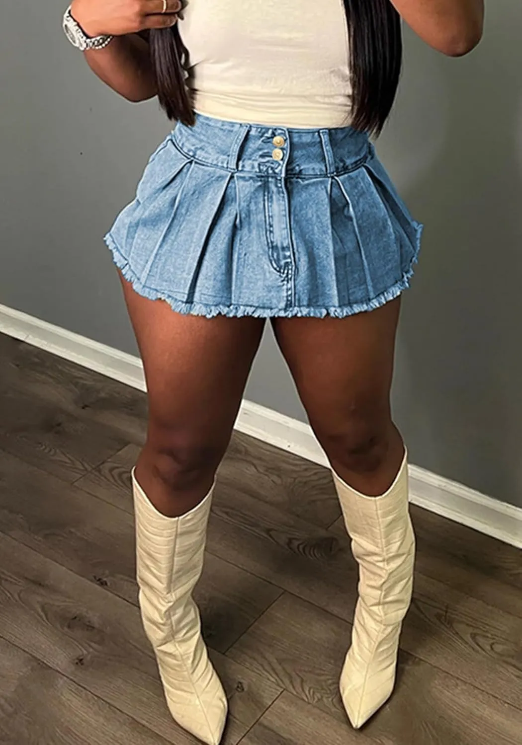 Seltaon Women's Pleated Mini Skirts Sexy Y2k High Wiast A-line Club Mini Denim Skirt