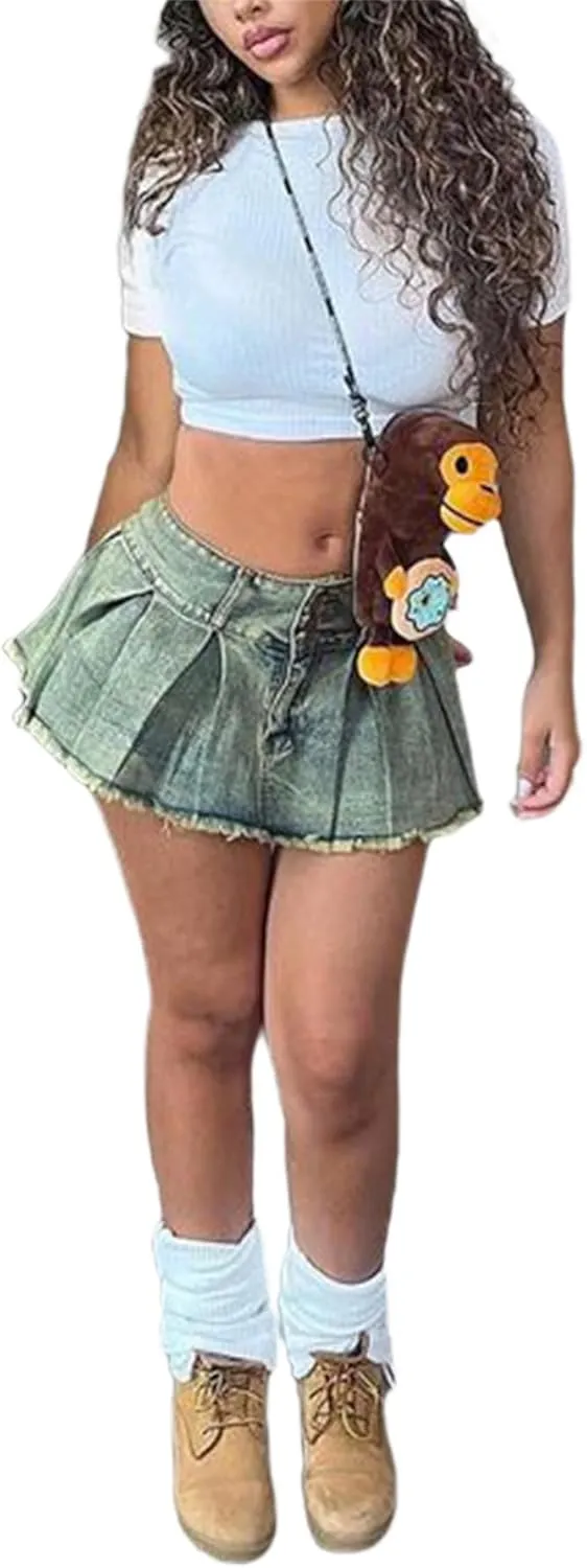 Seltaon Women's Pleated Mini Skirts Sexy Y2k High Wiast A-line Club Mini Denim Skirt
