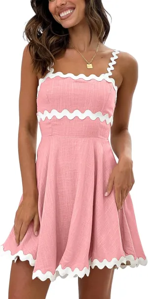 Senllen Womens Summer Flowy Mini Dress 2025 Casual Spaghetti Straps Sleeveless Smocked Backless Swing Wave Trim Sundress