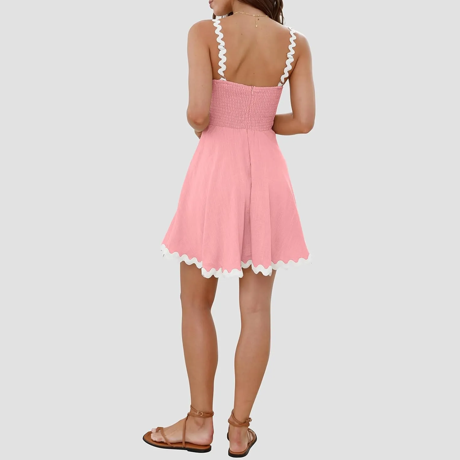 Senllen Womens Summer Flowy Mini Dress 2025 Casual Spaghetti Straps Sleeveless Smocked Backless Swing Wave Trim Sundress